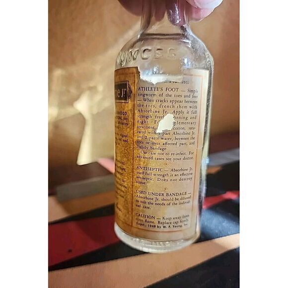 1957 Vintage ABSORBINE JR Bottle with Paper Label EMPTY USED with Cap - Picture 3 of 6